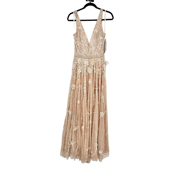 Mac Duggal Embellished Beaded Plunge Neck Long Tulle Gown Size 4 NWT - Picture 9 of 12